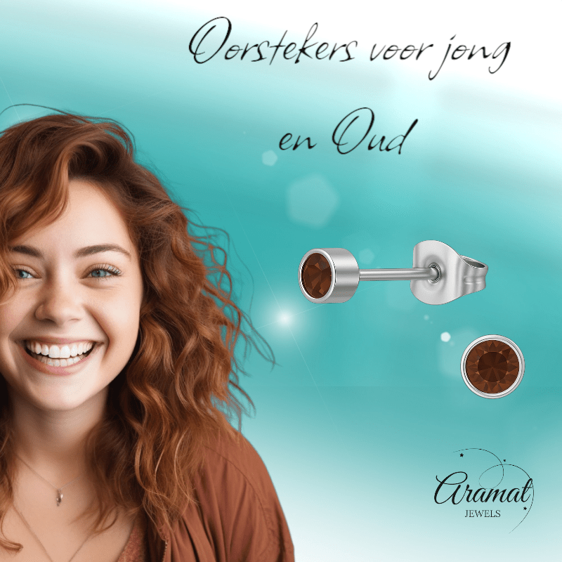 Topaasbruine kristal oorstekers – 4mm zilver RVS - Aramat Jewels - Oorbellen - cadeautip