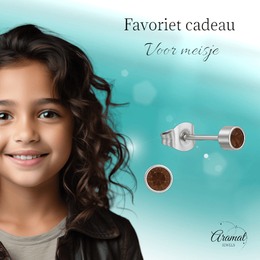 Topaasbruine kristal oorstekers – 4mm zilver RVS - Aramat Jewels - Oorbellen - cadeautip