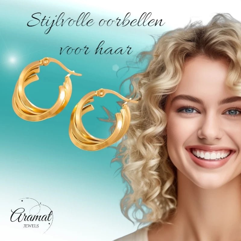 Triple Oorringen Rond Gekruist Goudkleurig - 25x7mm - oor6288 - 162720 - Oorringen kopen# - 25mm - alles - cadeau
