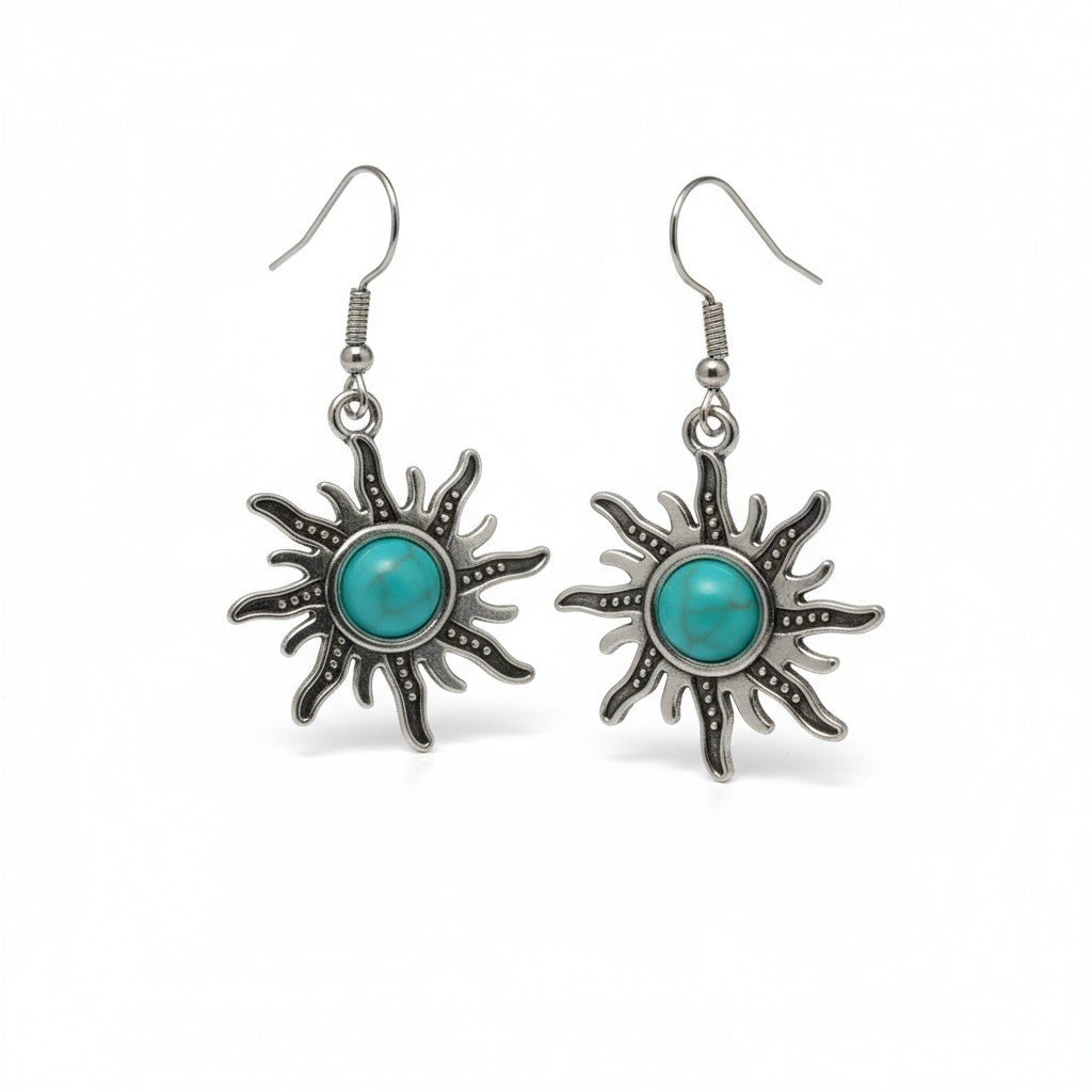 Turquoise Boho Oorhangers Zonvorm Antiek Zilver - Aramat Jewels - Oorhangers - cadeautip