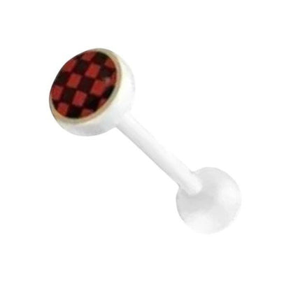 Aramat Jewels white bioplast tongue piercing with a red and black checkered top.