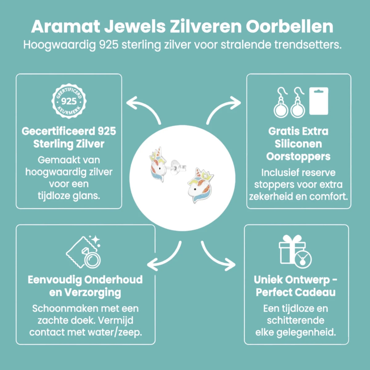 Unieke Zilveren Unicorn Oorbellen - Kristal & Emaille - Aramat Jewels - Oorbellen - cadeautip