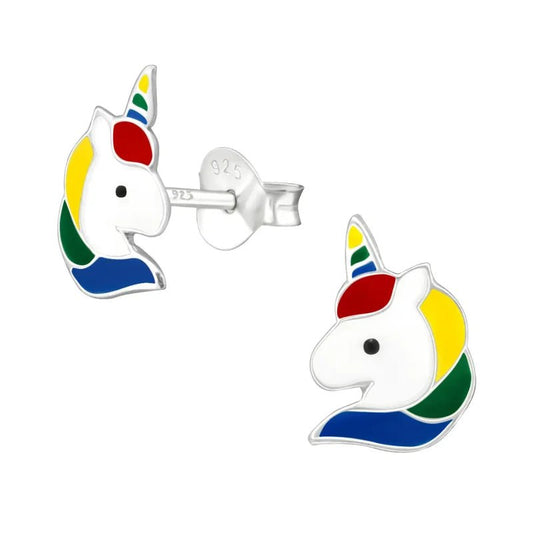 Kleurrijke eenhoorn oorbellen met regenboogkleurige manen.