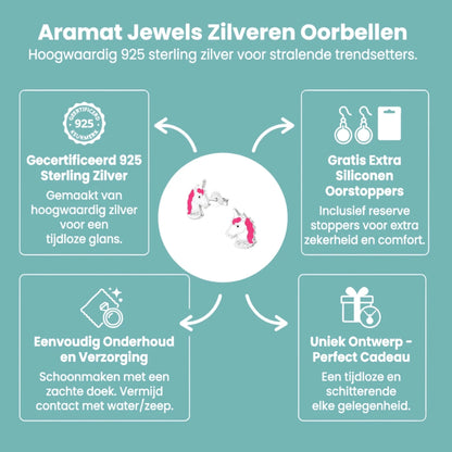 Unieke Zilveren Unicorn Oorbellen - Wit & Donker Roze - Aramat Jewels - Oorbellen - cadeautip