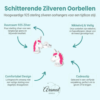 Unieke Zilveren Unicorn Oorbellen - Wit & Donker Roze - Aramat Jewels - Oorbellen - cadeautip