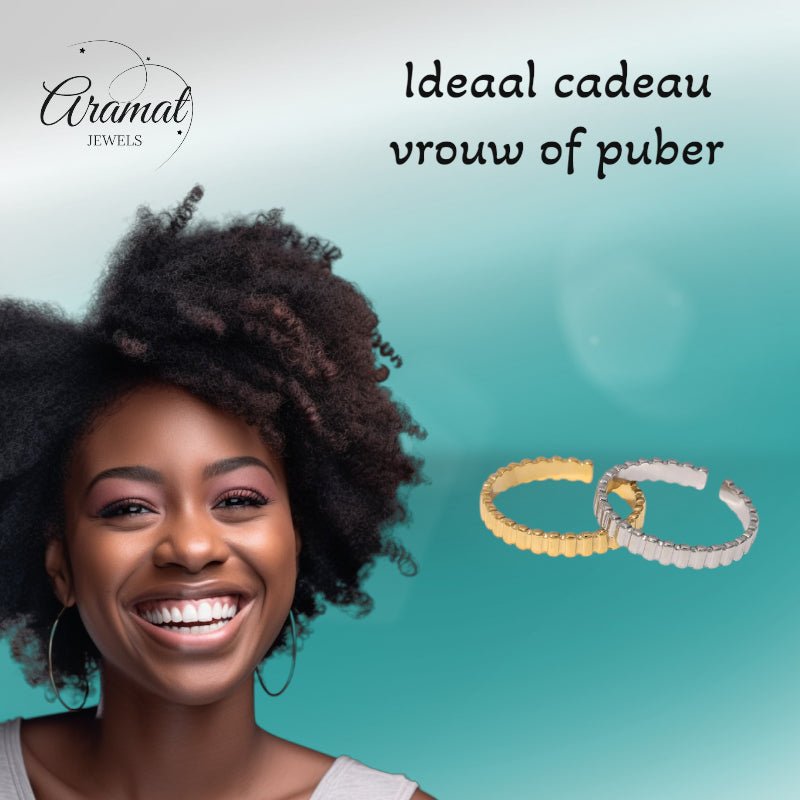 Verstelbare RVS Ring met Blokjes Motief - 3mm Breed - Aramat Jewels - Ringen - cadeautip