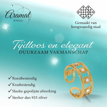 Verstelbare RVS Ring met Emaille Bloemen - Goudkleur (7 mm) - Aramat Jewels - Ringen - cadeautip