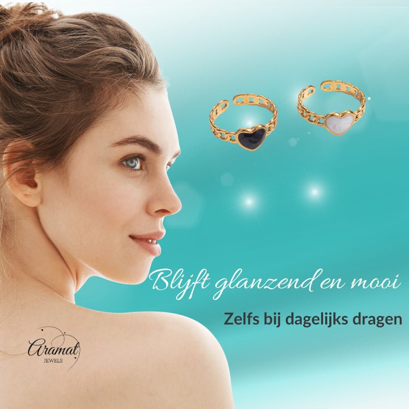 Verstelbare RVS Ring met Emaille Hartje - Goudkleur (8 mm) - Aramat Jewels - Ringen - cadeautip