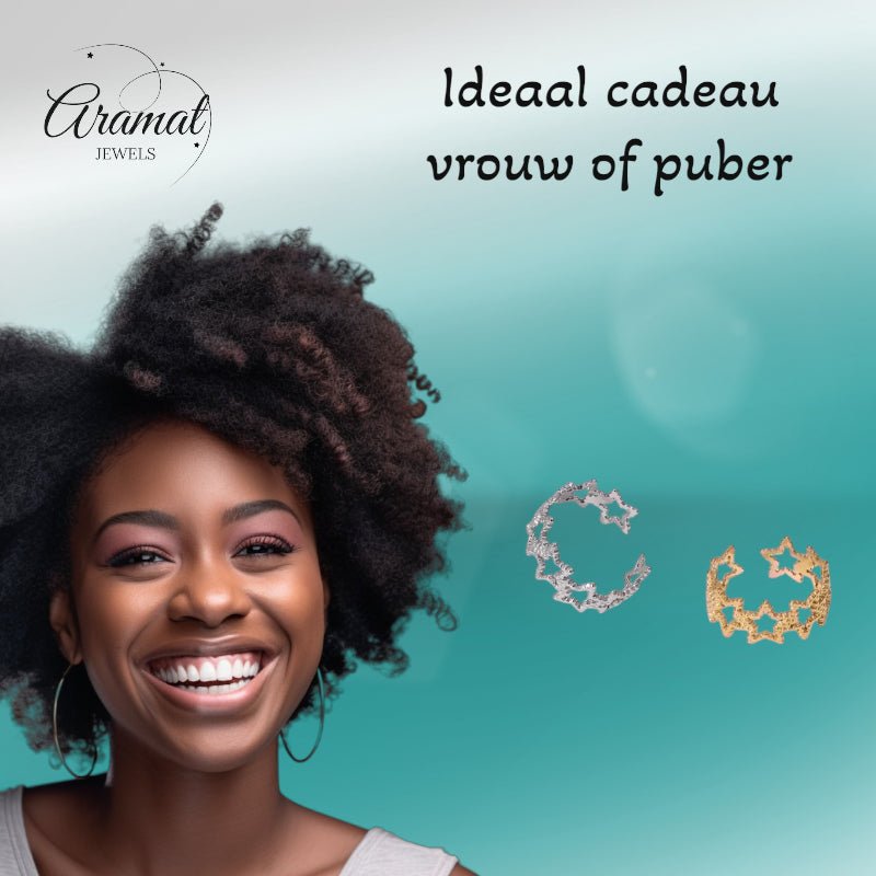 Verstelbare Sterren Ring van RVS met Bolletjes Motief (9 mm) - Aramat Jewels - Ringen - cadeautip