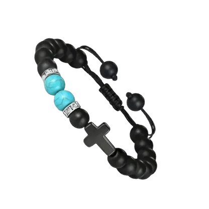 Een zwart met turquoise kralen armband met zilveren sluiting