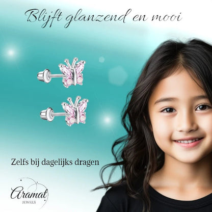 Vlinder Oorbellen RVS - Roze Zirkonia 8mm - schroefsluiting - oor6277 - 72446 - Oorbellen kopen# - 8mm - alles - cadeau