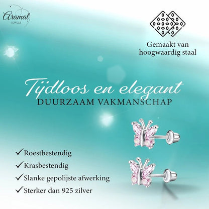 Vlinder Oorbellen RVS - Roze Zirkonia 8mm - schroefsluiting - oor6277 - 72446 - Oorbellen kopen# - 8mm - alles - cadeau