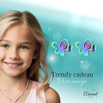 Vlinder oorstekers multikleur staal – 9mm open - Aramat Jewels - Oorbellen - cadeautip