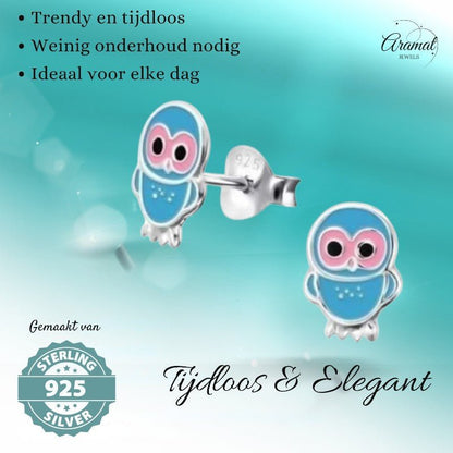 Vrolijke Zilveren Uiltjes Oorbellen - Lichtblauw Emaille - oor245 - 3680 - Oorbellen kopen