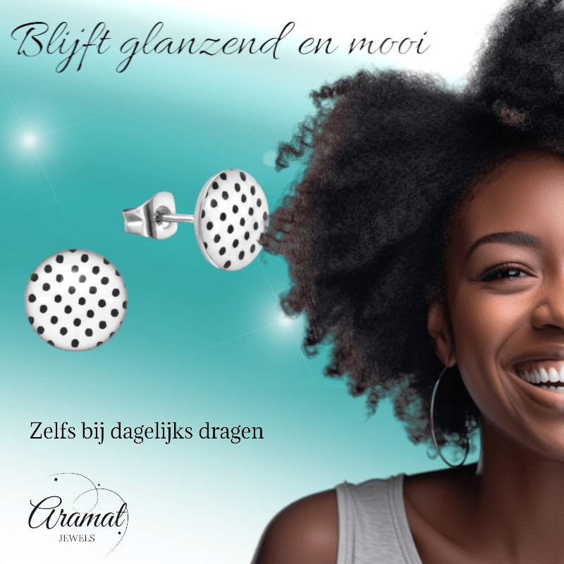 Witte stippel oorstekers met zwart – 10 mm - oor4918 - 40434 - Oorbellen kopen# - 10mm - acryl - alles