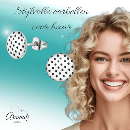 Witte stippel oorstekers met zwart – 10 mm - oor4918 - 40434 - Oorbellen kopen# - 10mm - acryl - alles