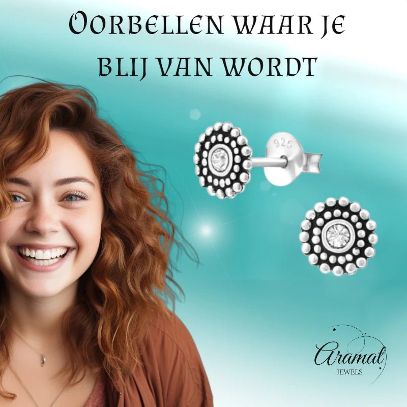 Zilveren Bali Oorbellen met Kristal – 6mm - oor704 - 32917 - Oorbellen kopen# - 6mm - 925 Zilver - alles