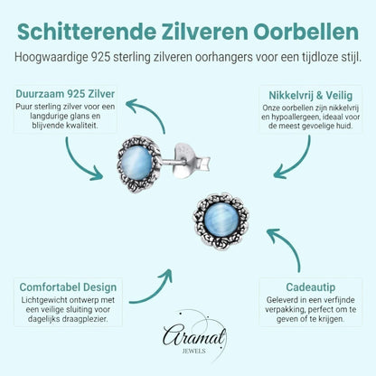 Zilveren Bloem Oorbellen met Kattenoog blauw - Aramat Jewels - Oorbellen - cadeautip