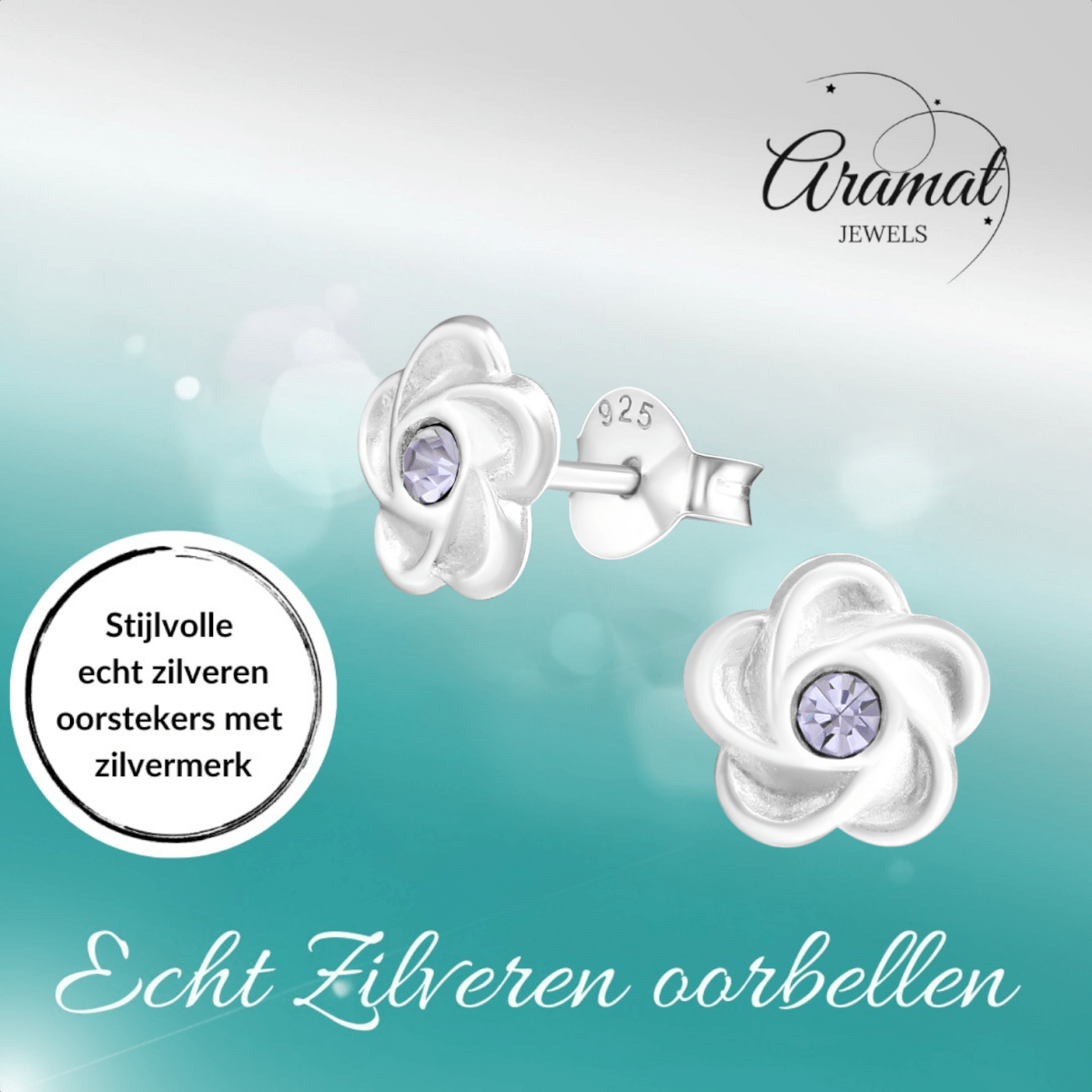 Zilveren bloem oorstekers lila kristal 7mm - Aramat Jewels - Oorbellen - cadeautip