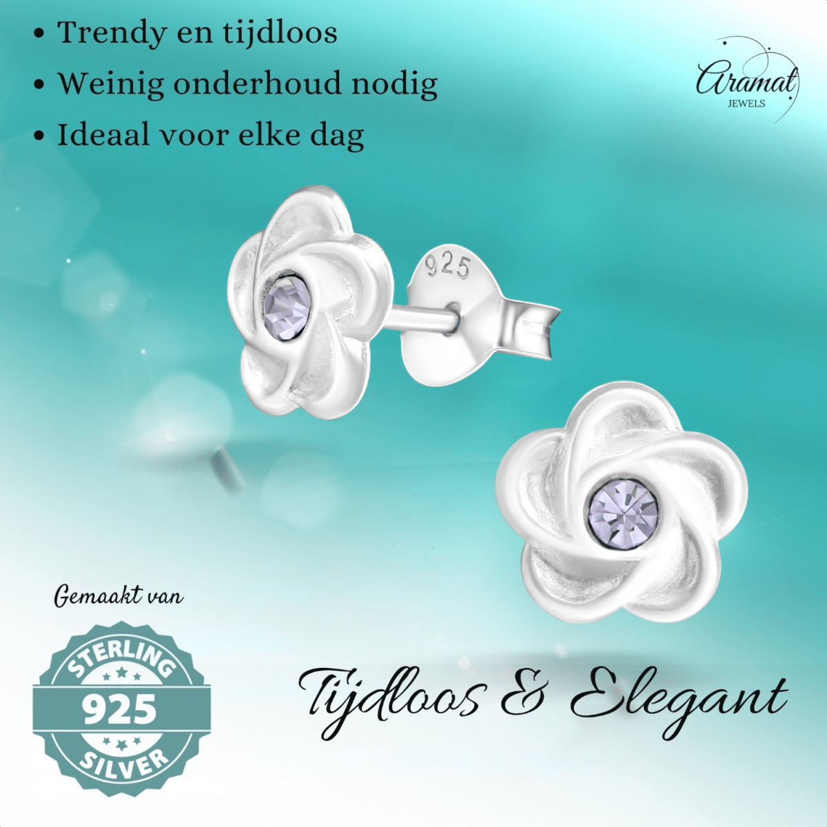 Zilveren bloem oorstekers lila kristal 7mm - Aramat Jewels - Oorbellen - cadeautip
