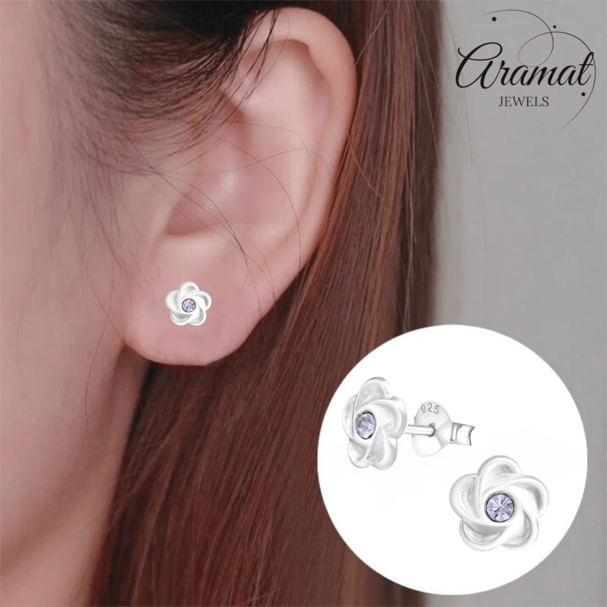 Zilveren bloem oorstekers lila kristal 7mm - Aramat Jewels - Oorbellen - cadeautip