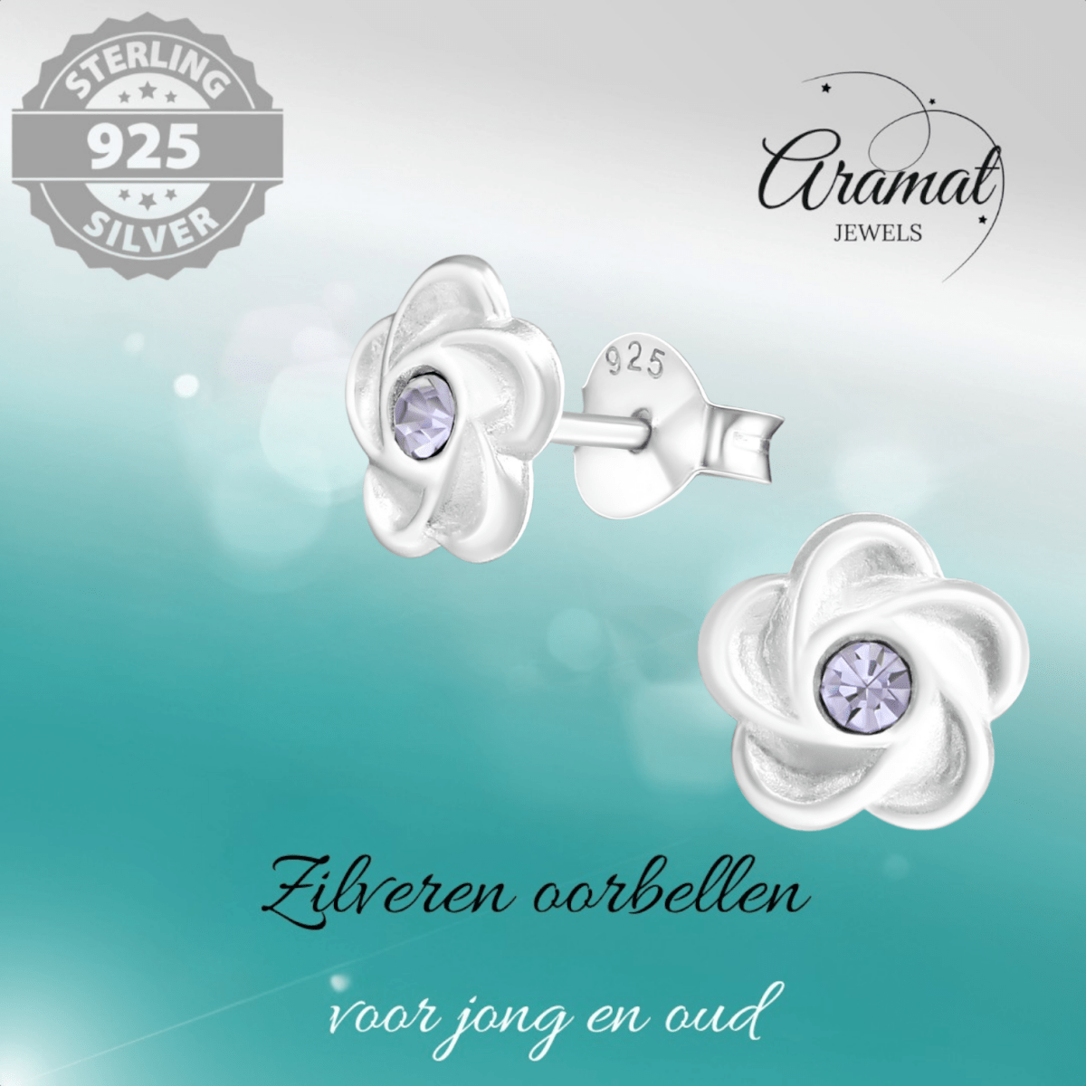 Zilveren bloem oorstekers lila kristal 7mm - Aramat Jewels - Oorbellen - cadeautip