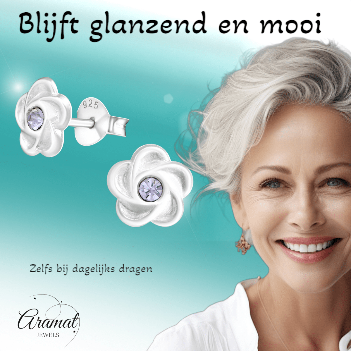 Zilveren bloem oorstekers lila kristal 7mm - Aramat Jewels - Oorbellen - cadeautip