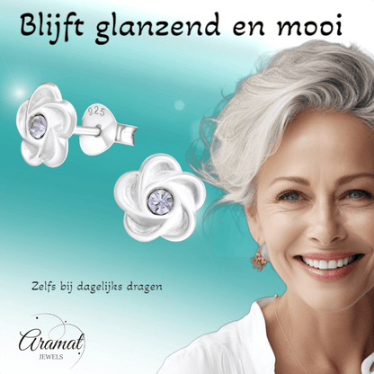 Zilveren bloem oorstekers lila kristal 7mm - Aramat Jewels - Oorbellen - cadeautip