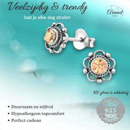 Zilveren Bloemoorbellen Oranje 7 mm - oor1288 - 30072 - Oorbellen kopen# - 7mm - 925 Zilver - alles