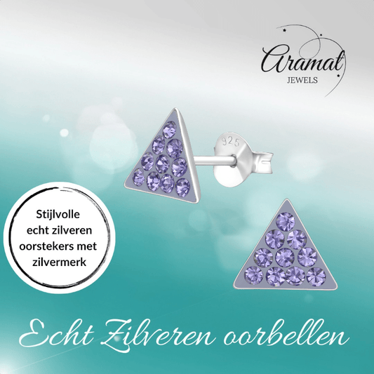 Zilveren driehoek oorbellen lavendel kristal - Aramat Jewels - Oorbellen - cadeautip