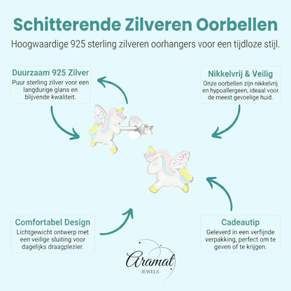 Zilveren Eenhoorn Oorbellen - Unicorn oorstekers - Aramat Jewels - Oorbellen - cadeautip