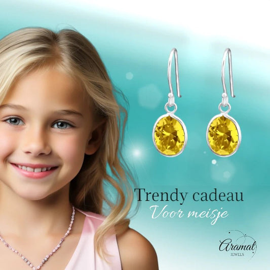 Zilveren Kinder Oorhangers Ovaal | Geel - oor2010 - 19108 - Oorhangers kopen# - 20mm - 925 Zilver - alles
