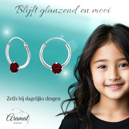 Zilveren Kinder Oorringen - Rode Zirkonia - 12mm - oor536 - 23463 - Oorringen kopen# - 12mm - 925 Zilver