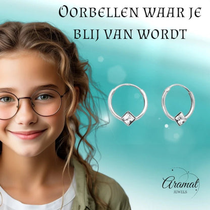 Zilveren Kinder Oorringen - Vierkante Kristal - 10mm - oor474 - Oorringen kopen# - 10mm - 925 Zilver