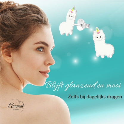 Zilveren Lama Oorbellen - Wit Emaille - Aramat Jewels - Oorbellen - cadeautip