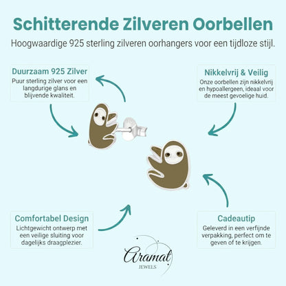 Zilveren Luiaard Oorbellen - Bruin/Beige Emaille - Aramat Jewels - Oorbellen - cadeautip