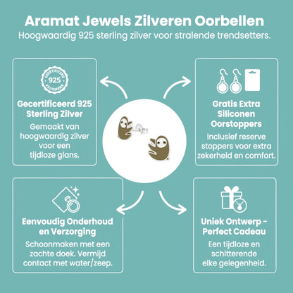 Zilveren Luiaard Oorbellen - Bruin/Beige Emaille - Aramat Jewels - Oorbellen - cadeautip