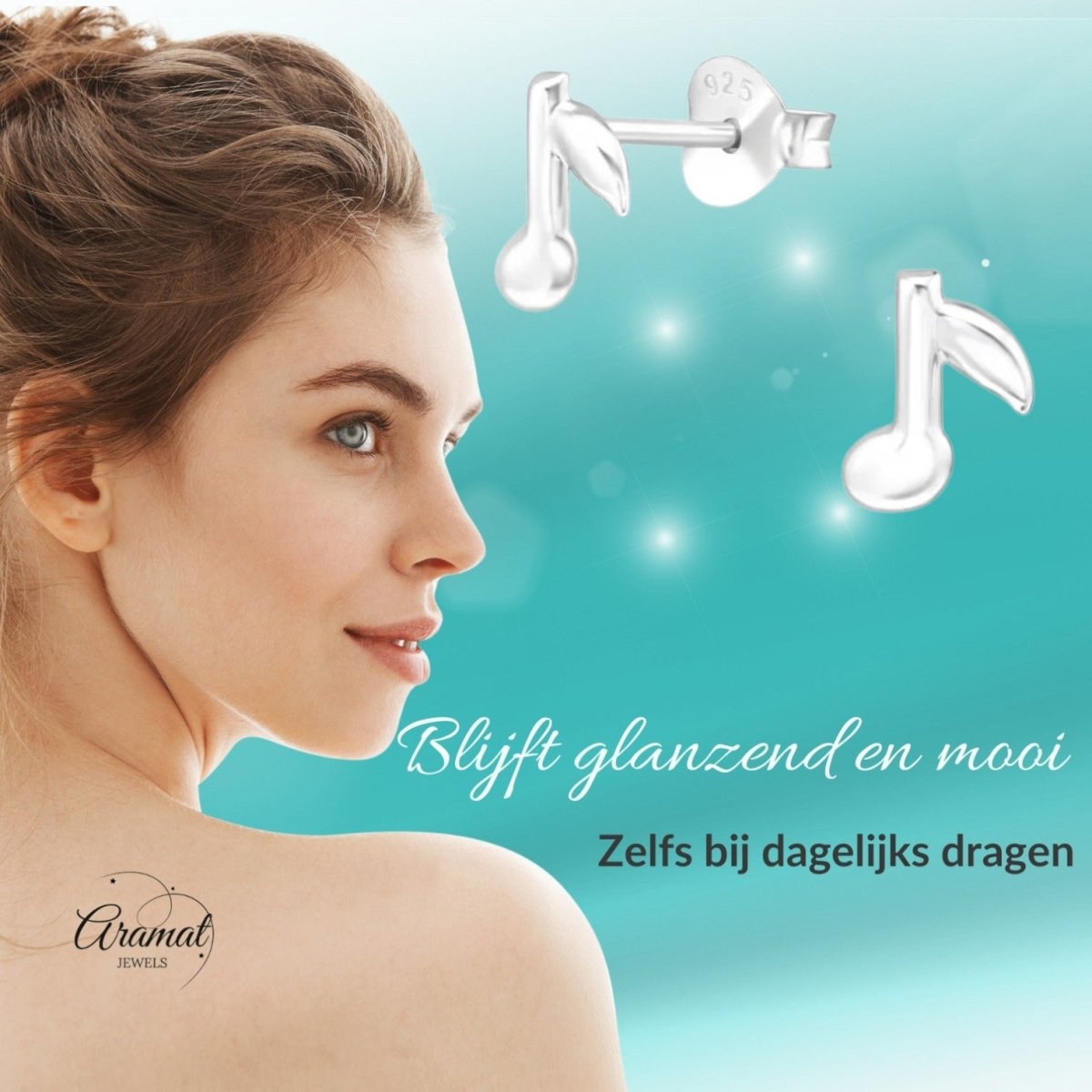 Zilveren Muzieknoot Oorstekers 7×6 mm - Aramat Jewels - Oorbellen - cadeautip