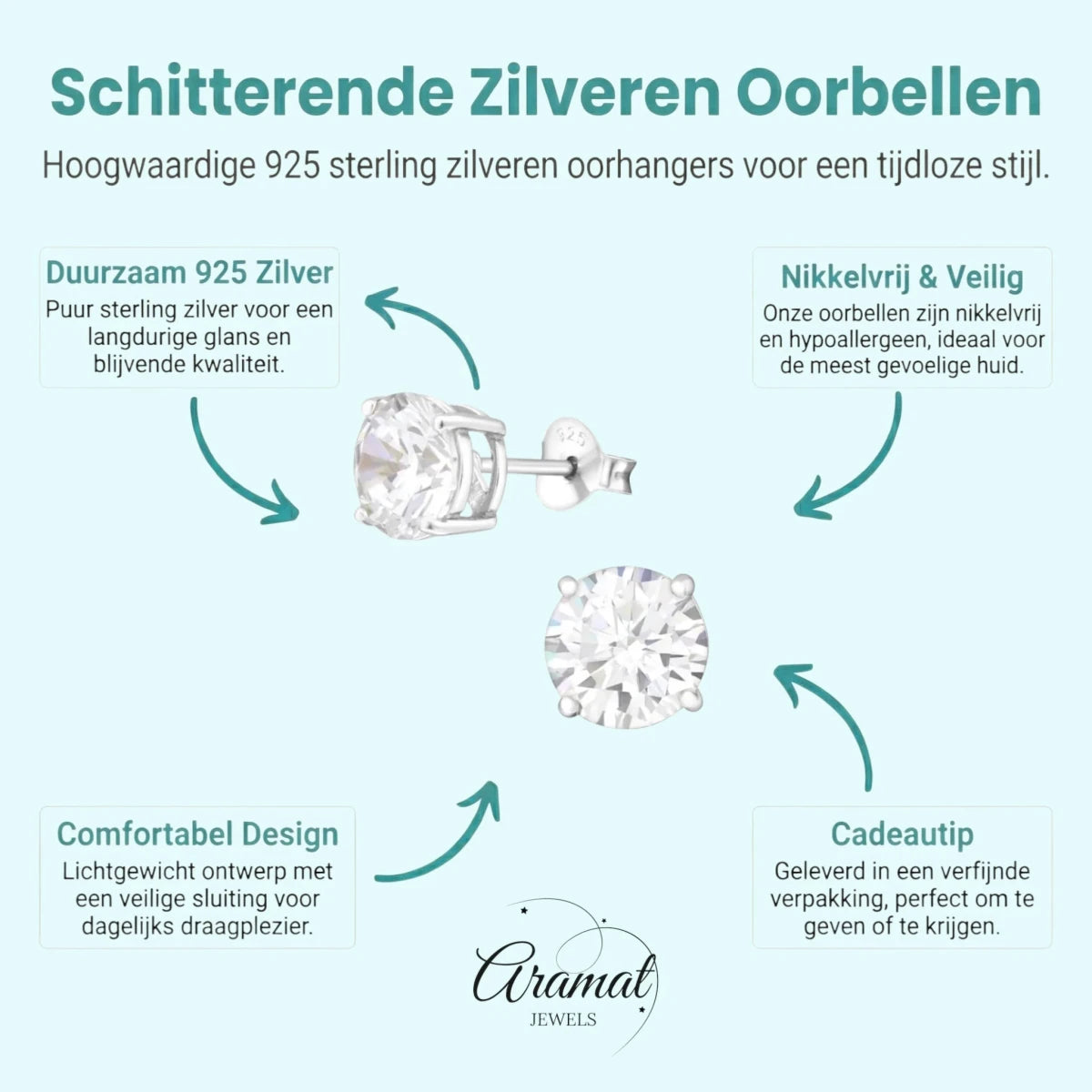 Zilveren Oorbellen met Rond Zirkonia’s - Aramat Jewels - Oorbellen - cadeautip