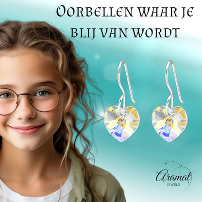 Zilveren Oorhangers Hart met Kristal | 10mm | AB Transparant - oor4518 - 27941 - Oorhangers kopen# - 20mm - 925 Zilver - AB