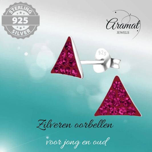 Zilveren oorstekers driehoek fuchsia roze kristal - Aramat Jewels - Oorbellen - cadeautip