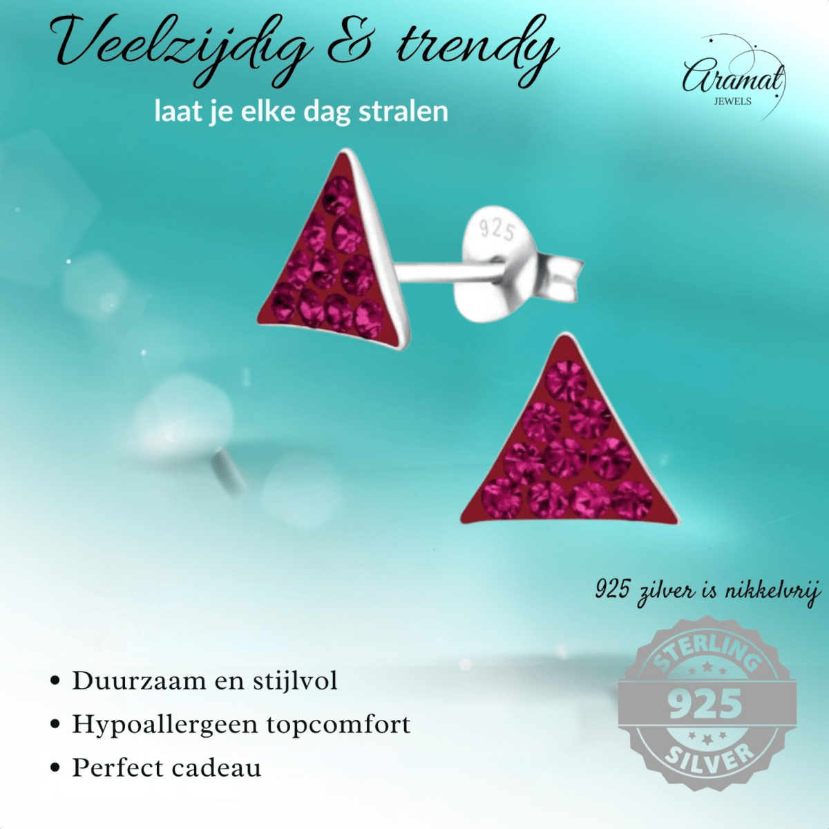 Zilveren oorstekers driehoek fuchsia roze kristal - Aramat Jewels - Oorbellen - cadeautip