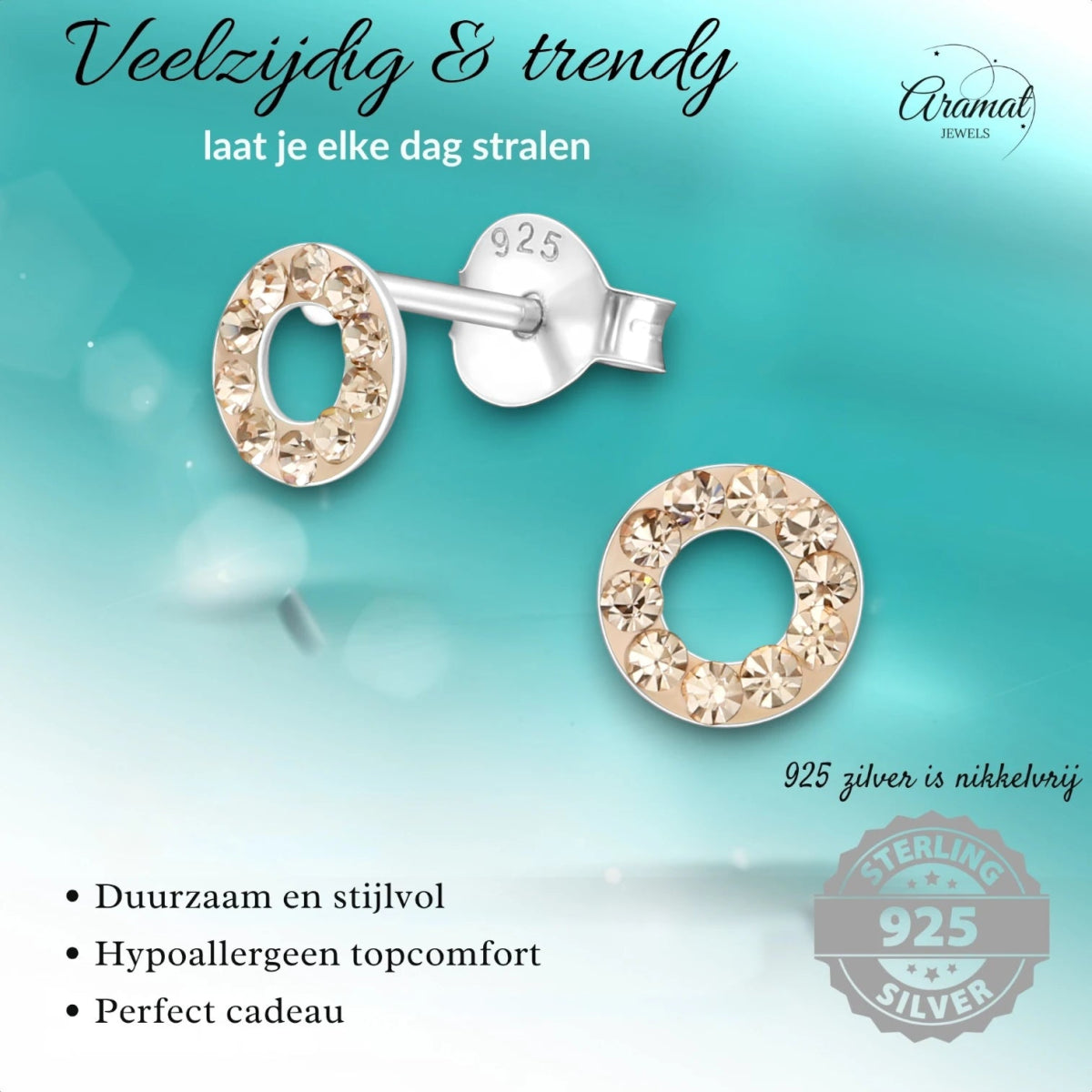 Zilveren open cirkel oorbellen champagne kristal - Aramat Jewels - Oorbellen - cadeautip