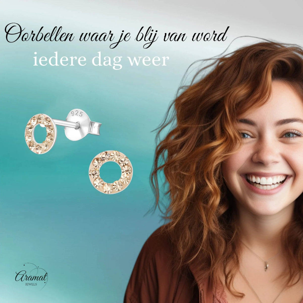 Zilveren open cirkel oorbellen champagne kristal - Aramat Jewels - Oorbellen - cadeautip