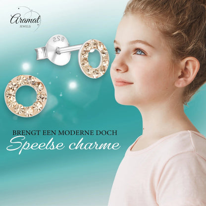 Zilveren open cirkel oorbellen champagne kristal - Aramat Jewels - Oorbellen - cadeautip