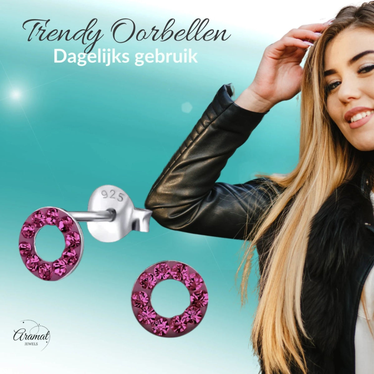 Zilveren open cirkel oorbellen felroze kristal - Aramat Jewels - Oorbellen - cadeautip