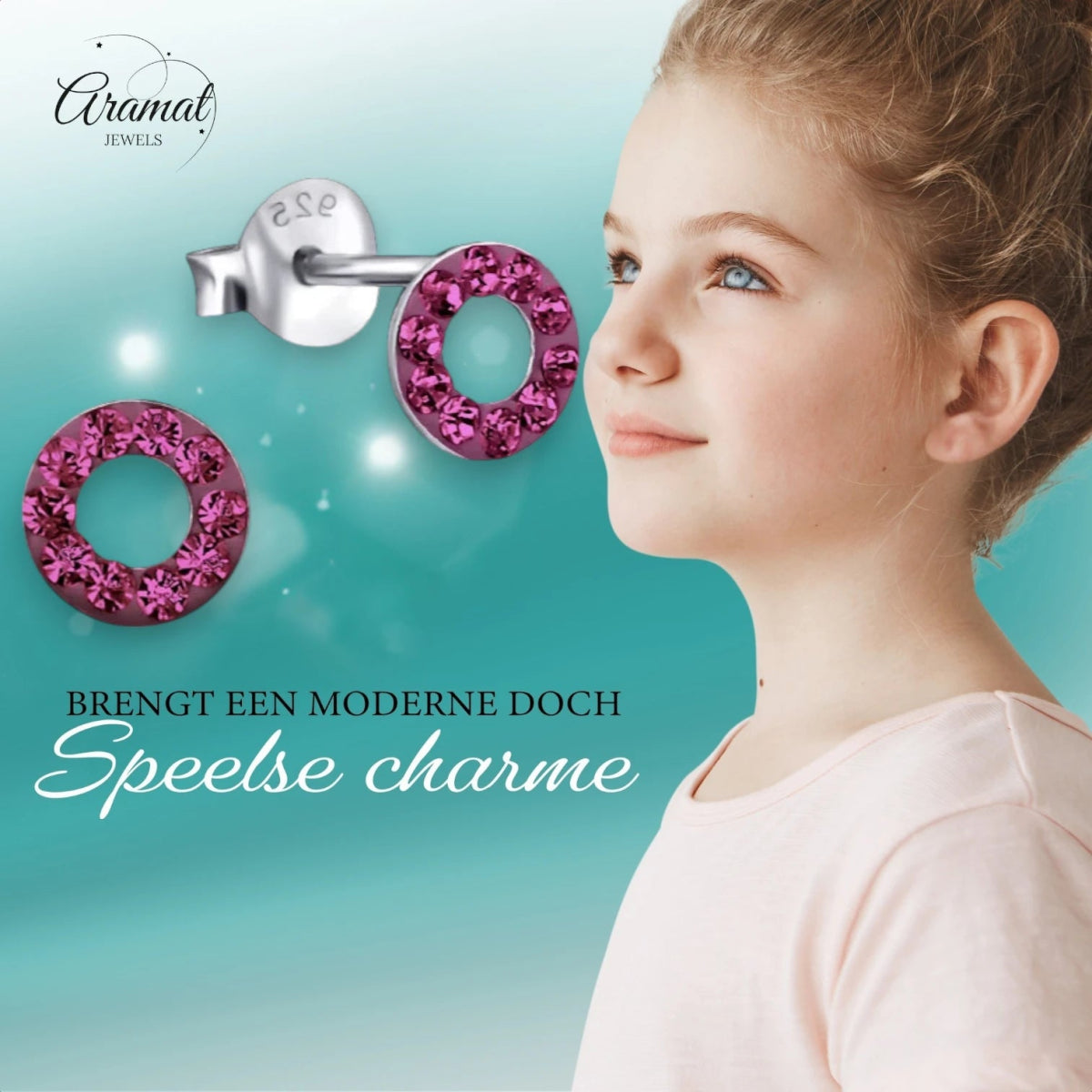 Zilveren open cirkel oorbellen felroze kristal - Aramat Jewels - Oorbellen - cadeautip