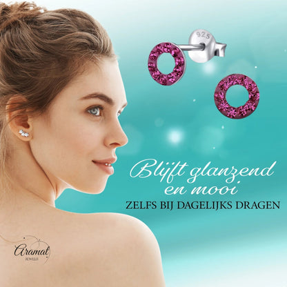Zilveren open cirkel oorbellen felroze kristal - Aramat Jewels - Oorbellen - cadeautip