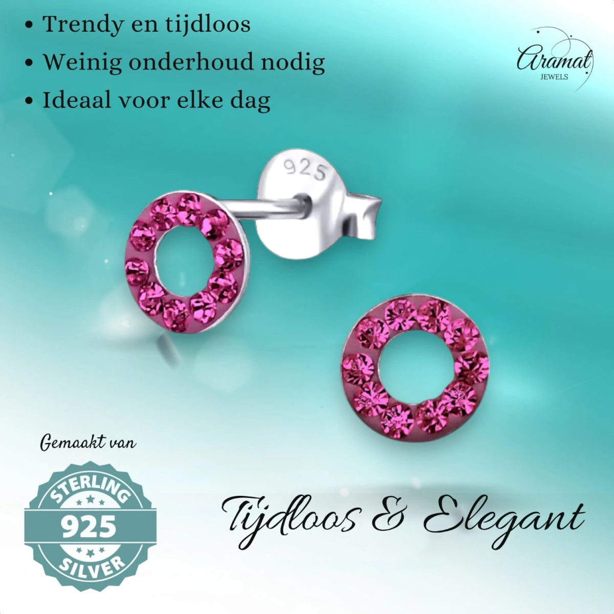 Zilveren open cirkel oorbellen felroze kristal - Aramat Jewels - Oorbellen - cadeautip