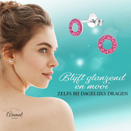 Zilveren open cirkel oorbellen roze kristal - Aramat Jewels - Oorbellen - cadeautip